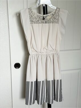 Maison Jules Cream and Black Lace-Accent Fit-and-Flare Dress